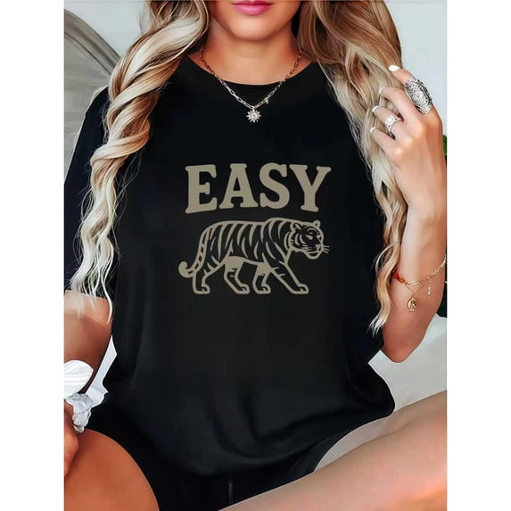 Comfortable Easy Tiger Graphic Tee T Shirt Top Soft Regular Fit Short Sleeve Round Neck Black S-5XL