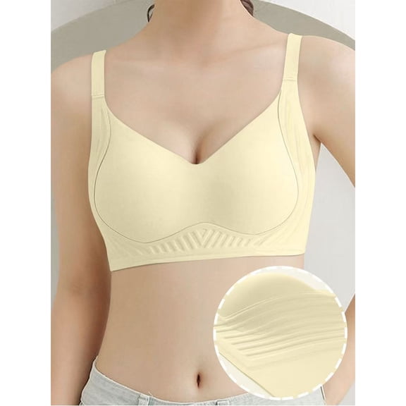 Comfortable Everyday Bras - Women's Color Seamless Wide Shoulder Sports Bra - No Steel Ring Gathered Back Support Large Bust Concealing Bra Beige L