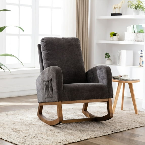 Comfortable Fabric Rocking Chair for Elderly and Adults, Modern Accent Rocking Chair with Fabric Pad, Lounge Chair Relax Chair High Back Armchair for Nursery, Living Room, Bedroom, Gray