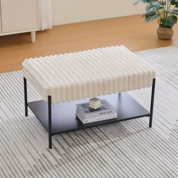 Comfortable Faux Fur Ottoman with Black Metal Legs and Open Storage Shelf for Living Room Bedroom Decor 30.7"