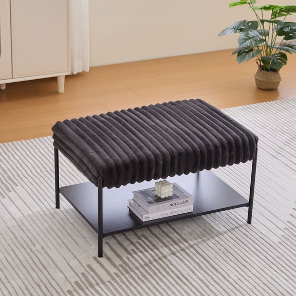Comfortable Faux Fur Ottoman with Black Metal Legs and Open Storage Shelf for Living Room Bedroom Decor 30.7"