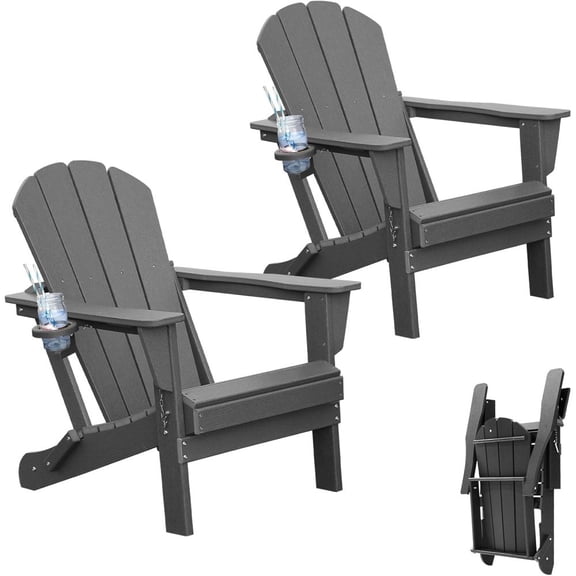 Comfortable Folding Adirondack Chairs 2-Pack, HDPE Outdoor Seating with Cup Holders for Fire Pit, Patio & Backyard, Easy Storage