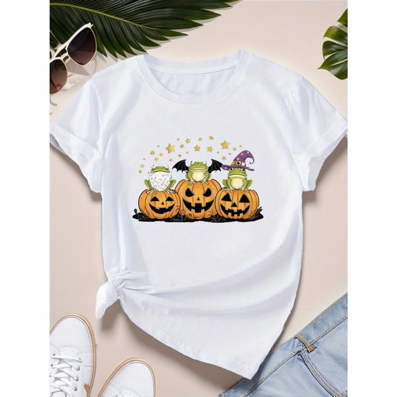 Comfortable Frog Pumpkin Graphic Tee Sports T Shirt Tops Short Sleeve Round Neck White S-5XL