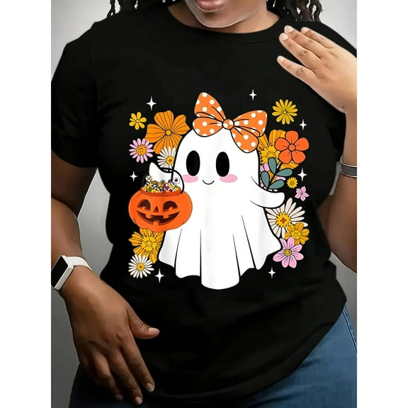 Comfortable Ghost Floral Graphic Tee Fashion Casual T Shirt Tops Short Sleeve Round Neck Black S-5XL
