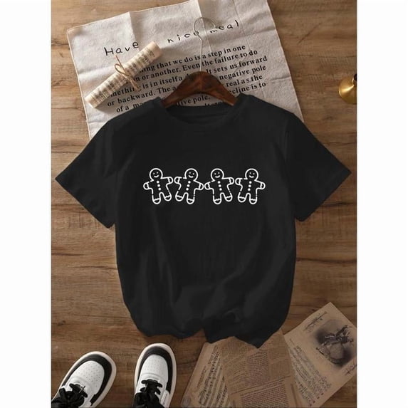 Comfortable Gingerbread Man Christmas Graphic Tee T Shirt Top Short Sleeve Round Neck Black S-5XL
