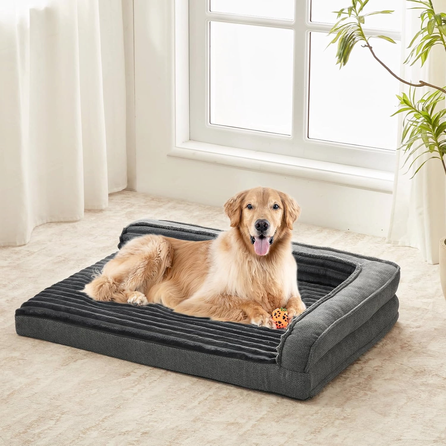 Comfortable Gray L Shape Dog Bed 40x28 Inch Orthopedic Washable Design
