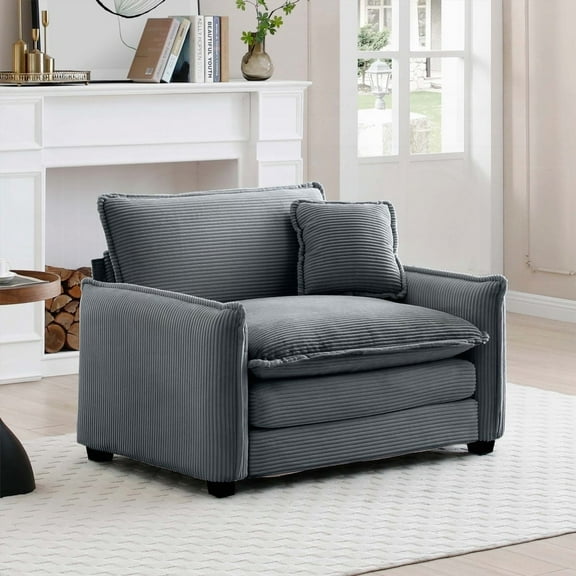 Comfortable Grey Corduroy Single Deep Seat Sofa with One Pillow|Ergonomic Design & Plush Fabric