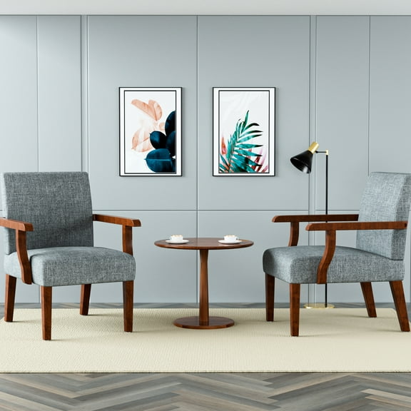 Comfortable Grey Fabric Accent Chair With Wood Table 2 Chairs & Round : Arm Hardwood Frame For Bedroom