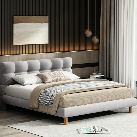 Comfortable Grey Full Size Bed Frame With Stylish Cookie-shaped Headboard, Chenille Upholstery, Stable Rubber Wood Support And 12 Slats Headboard In Grey, Wrapped Smooth Fabric For Comfort