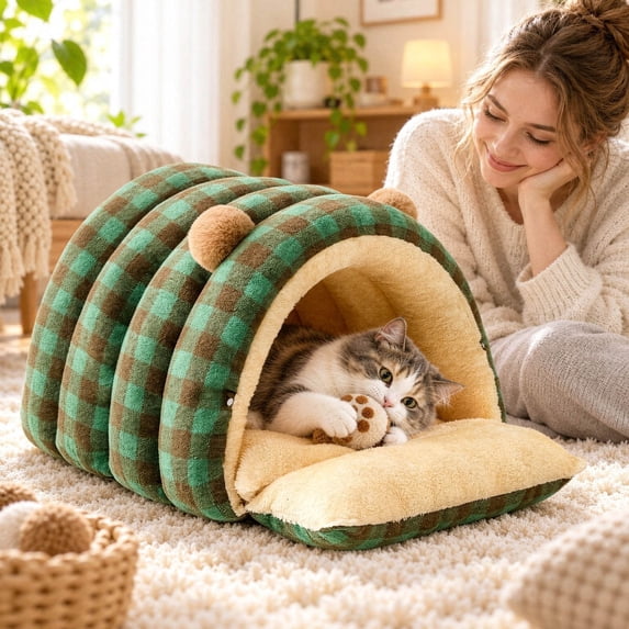 Cur Gift Comfortable Hooded Cat and Dog Bed with Foldable Front Flap, Soft Semi ...