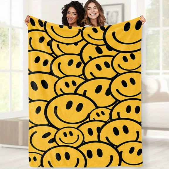 Comfortable and Joyful Face Fleece Blanket - Bright Yellow with Black Smiley Face for Home and Pets - Lightweight and Cozy Travel Blanket for All Seasons with Fun Design