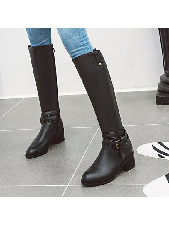 Comfortable Knee High Boots for Women, Side Zipper Buckle Elegant Riding Boots for Fall, Low Block Heel Round Toe Non Slip Tall Boots
