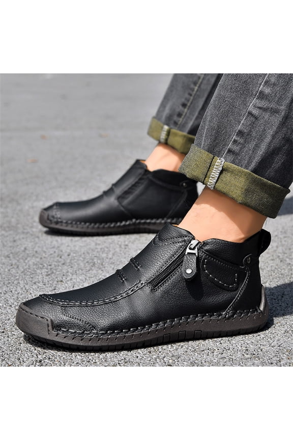 Comfortable Leather Walking Shoes, Hand-Stitched Ankle Chukka Boots Side Zipper Orthopedic Leather Casual High Top Loafers Comfort Slip-On Outdoor Flat Walking Driving Shoes, Black 9.5