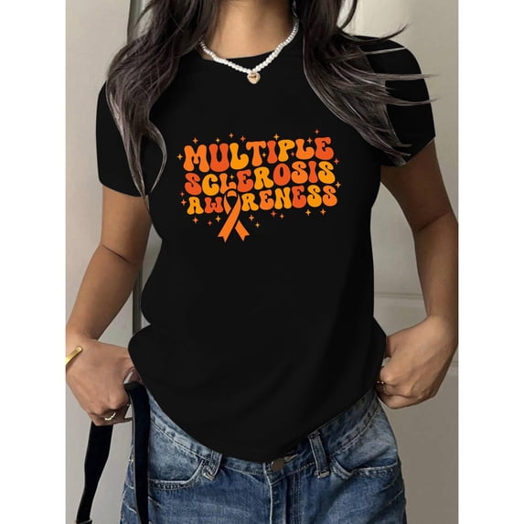Comfortable Letter Awareness Graphic Ribbon Tee T Shirt Tops Short Sleeve Round Neck Black S-5XL