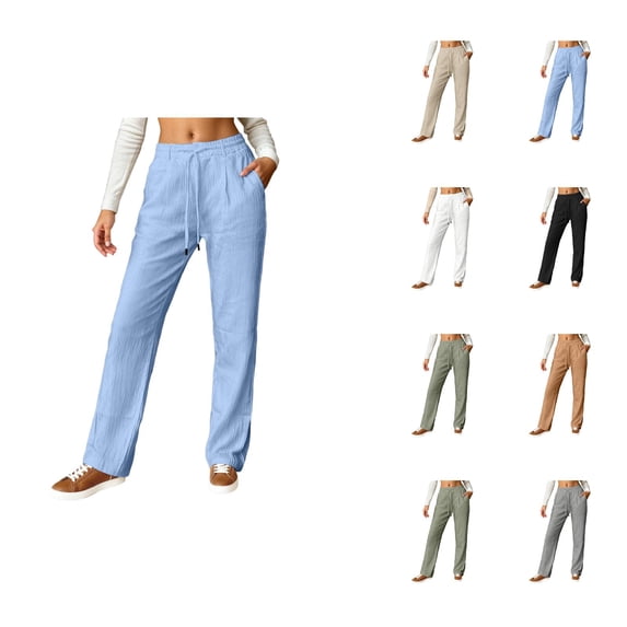 Comfortable Linen Pants Women Lightweight Elastic Waist Straight Leg Relaxed Fit Lounge Pants with Pockets Beach Trousers