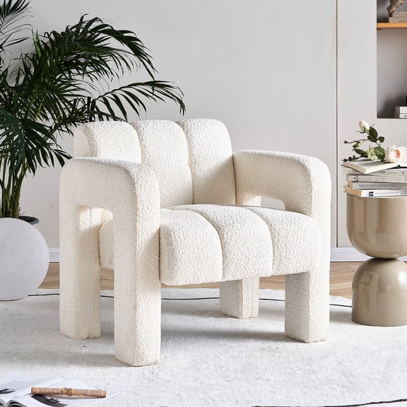 Comfortable Living Room Chair In Beige Boucle, With High Foam And Solid Wood Structure For House Boucle Upholstered Base Contemporary Area