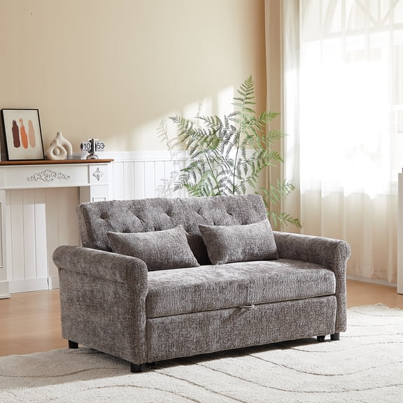Comfortable Living Room Sleeper, Wood Frame, 2 Pillows Functional Bed For Home, Cushioned , Gray Velvet Fabric