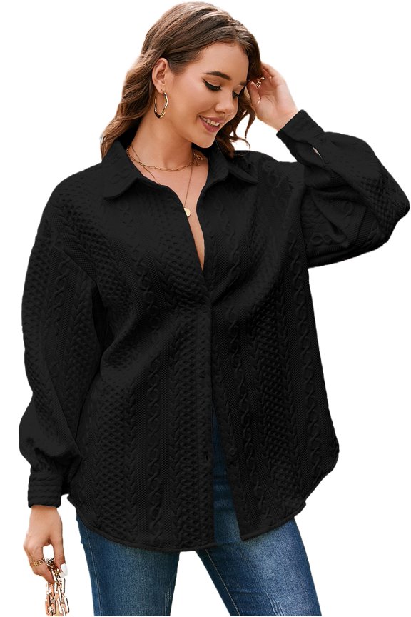 Women's Black Cable Texture Puff Sleeve Loose Shacket - Casual Fall Layering | M