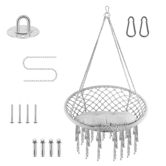 Comfortable Macrame Swing Chair,Hanging Swinging Chair With Hardware Kit,Sturdy Cotton Rope Construction And Spreader Bar,Macrame Hanging Chair For Porch Or Living Room,330 Lbs,Light Gray