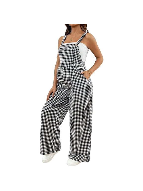 Comfortable Maternity Overalls Plaids Pattern Breathable Pregnancy Jumpsuits for Sensitive Pregnancy