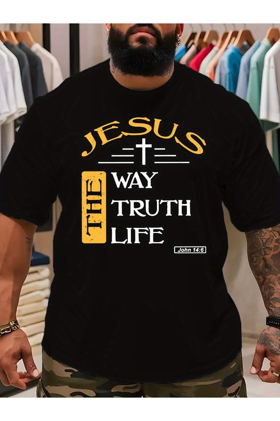 Comfortable] Men's Plus Size Casual Graphic Tee - "Jesus The Way The Truth The Life" Print, Stretchy Short Sleeve Crew Neck T-Shirt, Lightweight Polyester Blend for Spring/Summer/Fall