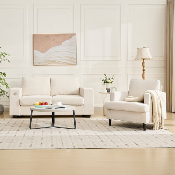 Comfortable Mid-Century Modern Accent Chair - Upholstered Linen Armchair with Soft Backrest and Unicolor-colored Wood Legs - Perfect for Living Room, Bedroom, or Office - Off tone shade