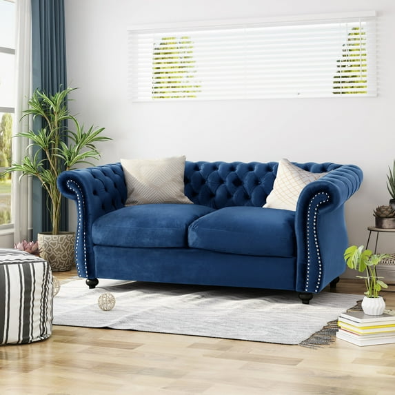 Comfortable Navy Blue Velvet With Featuring Nailhead Accents And Soft Cushions
