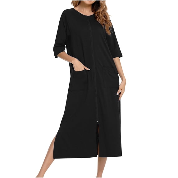 Comfortable Nightgowns New Nightgown House Dress for Women 3/4 Sleeve Zip up Robe Long Lounge Dress Side Split House Coat Sleepwear with Pocket Black XL