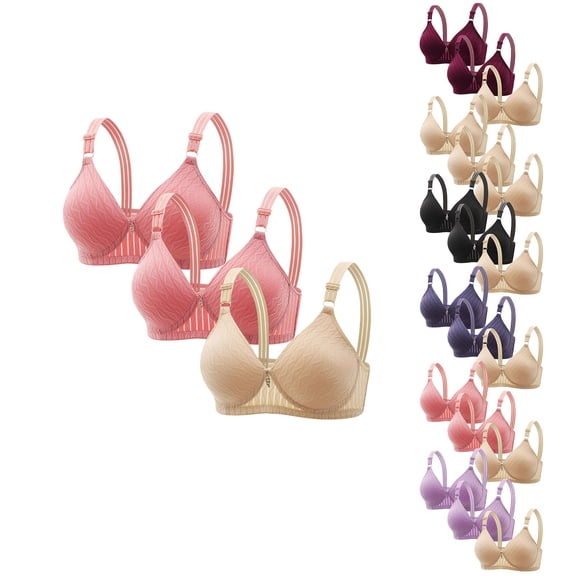 Comfortable No-Rims Women’s Bra Set, Breathable Embroidered Underwear, 3PC Everyday and Fashion Wear, Glossy Soft Support #Beige,L