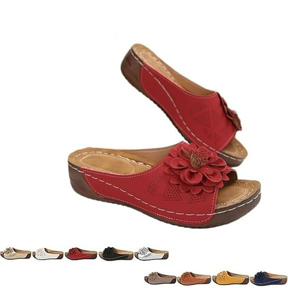 Comfortable Non-Slip Solid Color Open-Toe Wedge Sandals for Women, Women's Lightweight Flowers Open Toe Sandals, Mesh Slip-on Wide Casual Slip Arch Support Orthopedic Slides