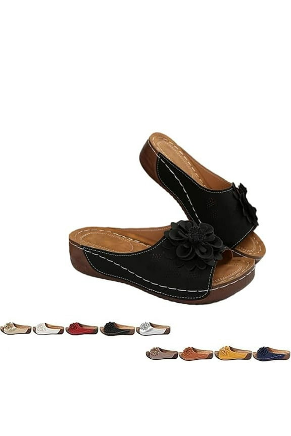Comfortable Non-Slip Solid Color Open-Toe Wedge Sandals for Women, Women's Lightweight Flowers Open Toe Sandals, Mesh Slip-on Wide Casual Slip Arch Support Orthopedic Slides