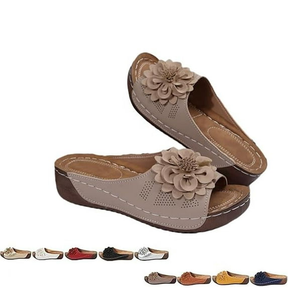 Comfortable Non-Slip Solid Color Open-Toe Wedge Sandals for Women, Women's Lightweight Flowers Open Toe Sandals, Mesh Slip-on Wide Casual Slip Arch Support Orthopedic Slides