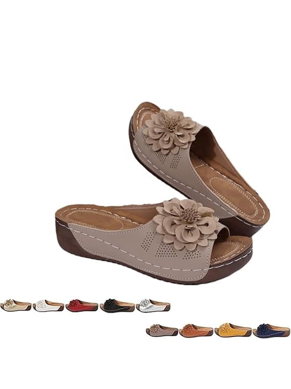 Comfortable Non-Slip Solid Color Open-Toe Wedge Sandals for Women, Women's Lightweight Flowers Open Toe Sandals, Mesh Slip-on Wide Casual Slip Arch Support Orthopedic Slides