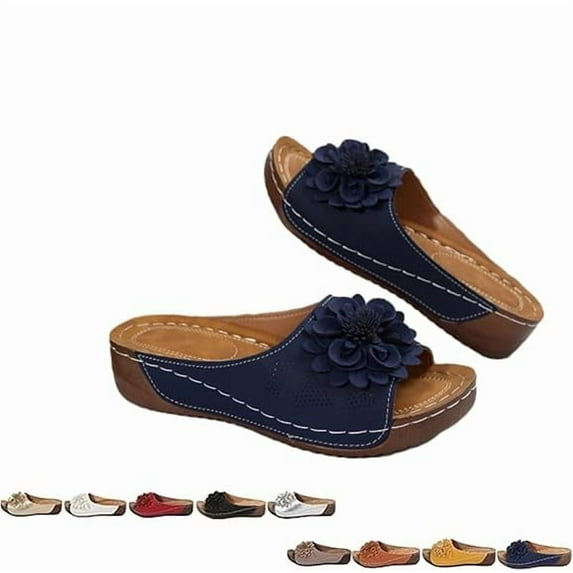 Comfortable Non-Slip Solid Color Open-Toe Wedge Sandals for Women, Women's Lightweight Flowers Open Toe Sandals, Mesh Slip-on Wide Casual Slip Arch Support Orthopedic Slides