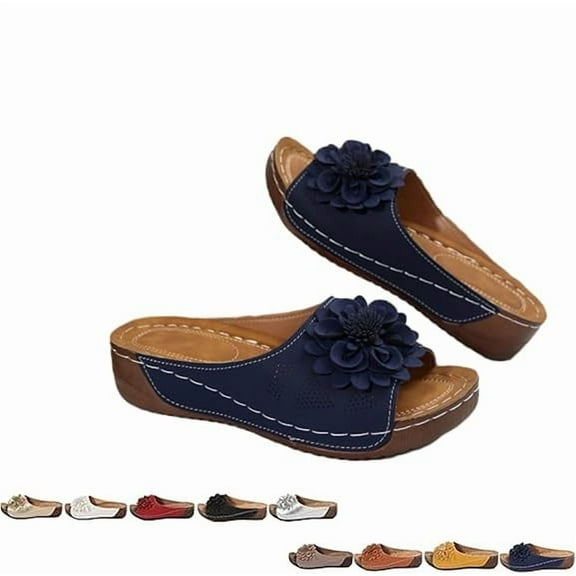 Comfortable Non-Slip Solid Color Open-Toe Wedge Sandals for Women, Women's Lightweight Flowers Open Toe Sandals, Mesh Slip-on Wide Casual Slip Arch Support Orthopedic Slides