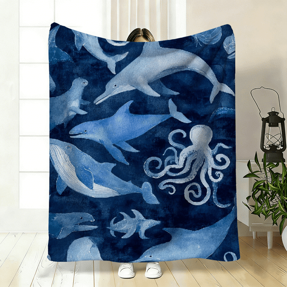 Comfortable Ocean Creatures Pattern Blanket Soft Navy Blue Whale Octopus Design Cooling Blanket All-Season Use Soft Breathable 100 Polyester Perfect Gift All-Season Family and Friends Gift