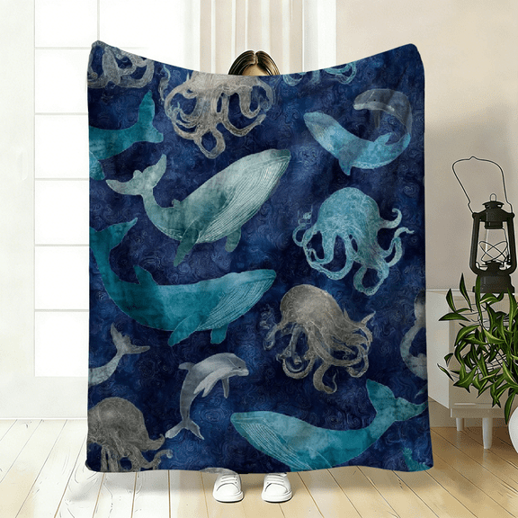 Comfortable Ocean Creatures Theme Flannel Blanket , Soft High-Definition Digital Print Blue Whale Octopus Design Flannel Blanket All-Season Use Soft Breathable Polyester Perfect Gift.