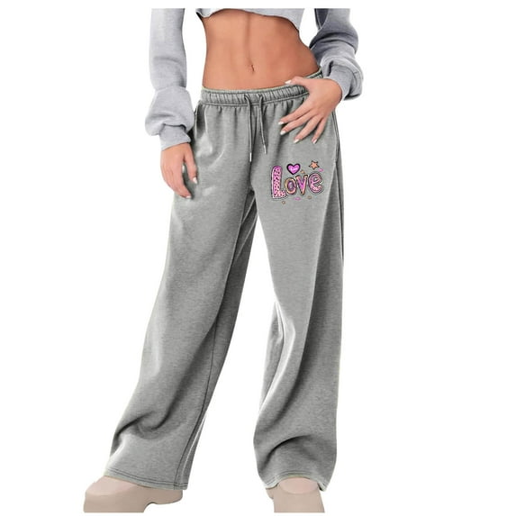 Comfortable Oversize Pants For Women High-Waisted Elastic Print Lace-Up Casual Sports Solid Color Wide-Leg Gray Sports Sweatpants (2XL)Summer Spring And Fall Wear