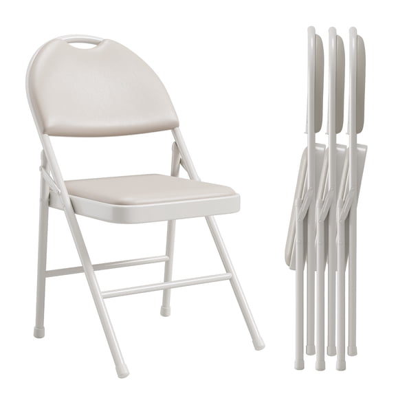 Comfortable PU Leather Folding Chairs - Padded Seat & Back, Metal Frame, Stackable & Portable for Home, Office, Events - Beige, 4-Pack