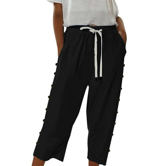 Comfortable Pants for Women, Audhol Women's Fashion Solid Color Cotton Linen Elastic Seven Pants Beach Casual Pants Linen Women's High Waisted Sweatpants Black L