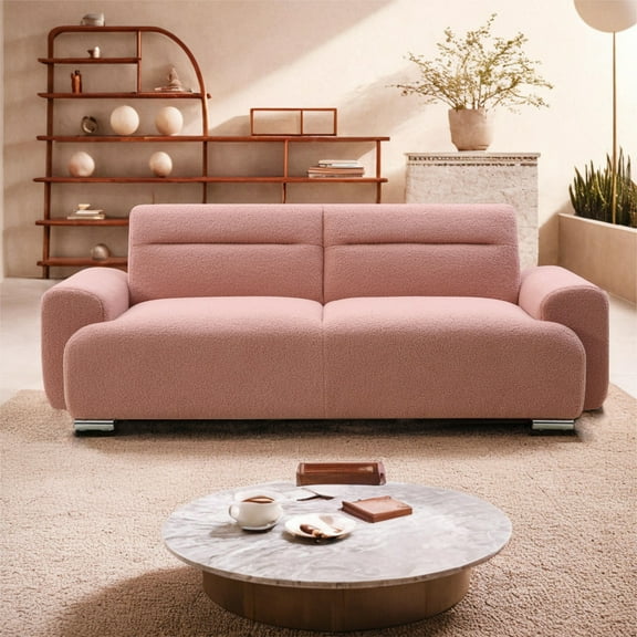 Comfortable Pink Teddy Velvet Three-Seat Sofa with Armrests, Metal Legs and Large Cushions  Convertible to Reclining Bed