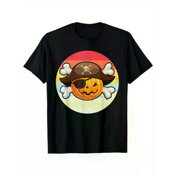 Comfortable Pirate Pumpkin Graphic Tee Vintage T Shirt Tops Short Sleeve Round Neck Black S-5XL