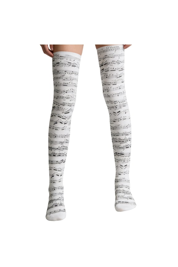 Comfortable Polyester Blend Thigh High Stockings Distinctive Piano Symbol Designs Trendy Piano Key Printed Long Socks