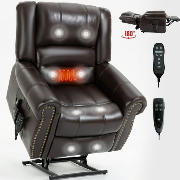 Comfortable Power Lift Recliner With Dual Motor, Heat Massage Effects, Faux Leather, Motor Chair, Antique Brown Massaging Function, Ports For Relaxation