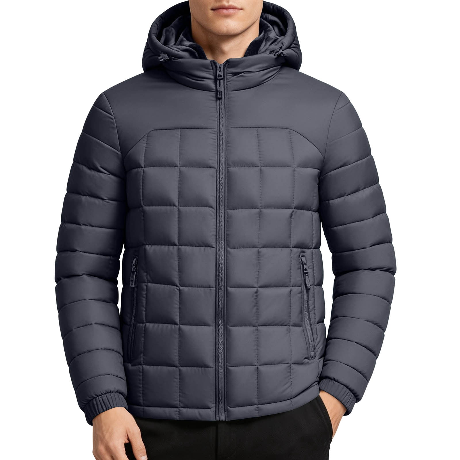 Comfortable Puffer Jacket Men's Solid Color Checkered Slit Hooded ...