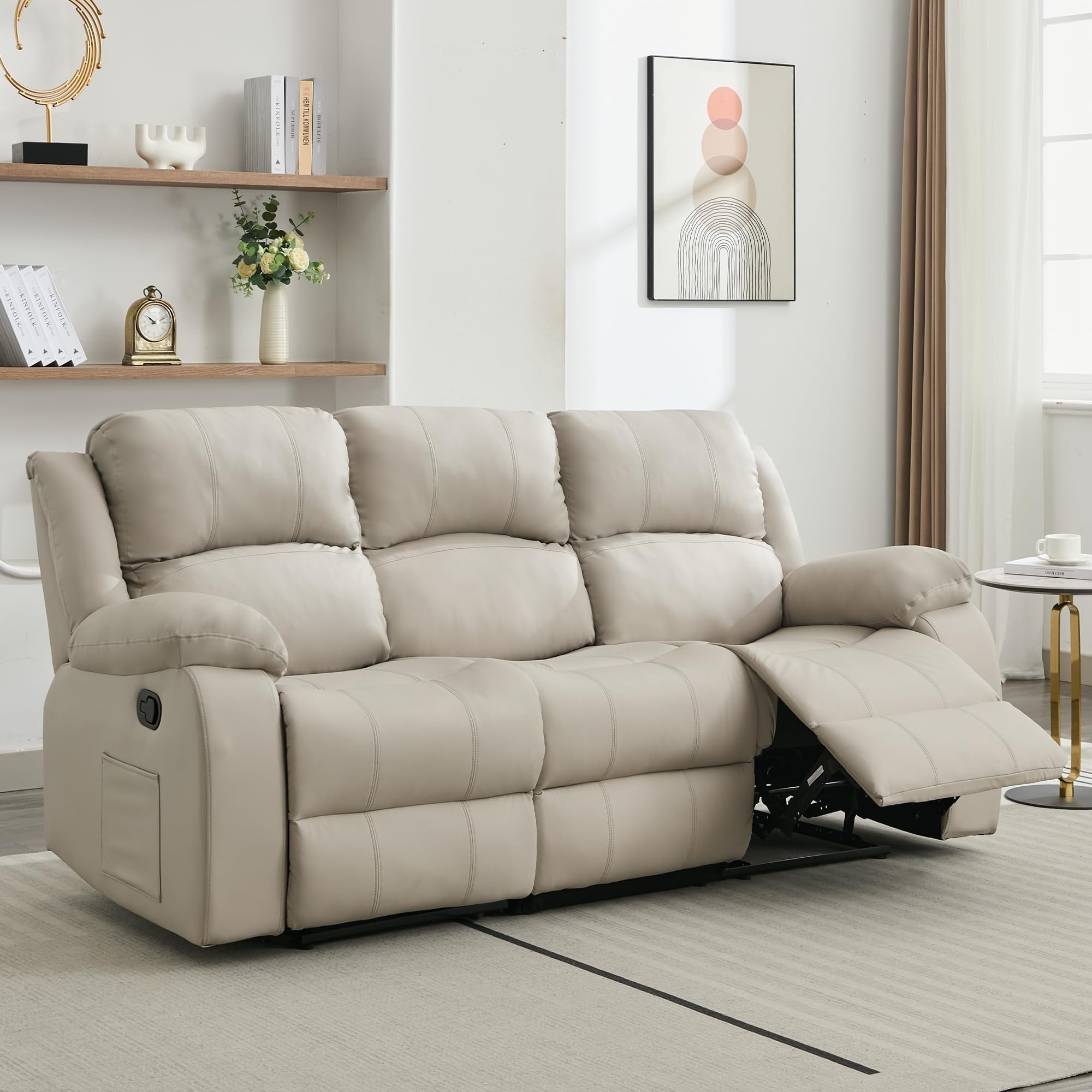 Comfortable Reclining Loveseat Sofa – Leather 3-Seater Recliner Couch for Living Room & Home Theater Seating (Beige)
