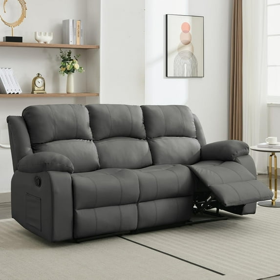 Comfortable Reclining Loveseat Sofa – Leather 3-Seater Recliner Couch for Living Room & Home Theater Seating (Grey)