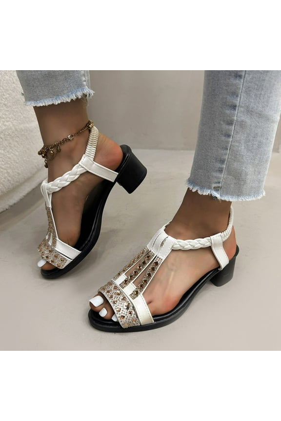 Comfortable Sandals Women Oofo Women's Fashion Casual Spring And Summer Beach Versatile Rhinestone Fish Mouth Open Toe Elastic Low Heel Thick Heel Sandals White