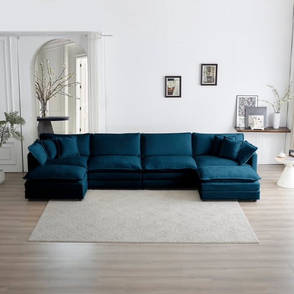 Comfortable Sectional Couch With Reversible Chaise And Blue Chenille U Shaped Breathable Chaise, Double Extra Supportive Seats