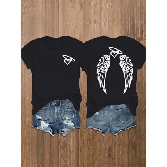 Comfortable Short Sleeve Round Neck Womens Double Sided Wings Heart Graphic Tee T Shirt Tops Black S-5XL